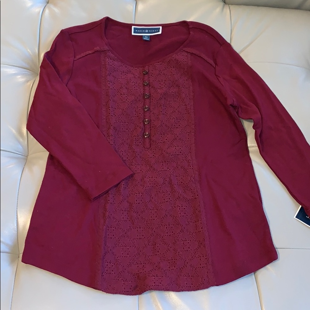 Karen Scott 3/4 sleeve Lace Front Merlot Top